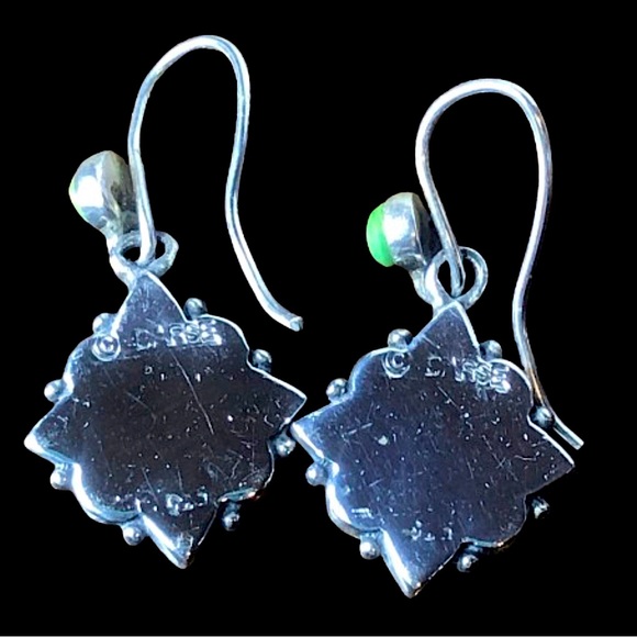 VINTAGE BARSE Green Turquoise Malachite Sterling Silver Floral Drop Earrings - Picture 4 of 9